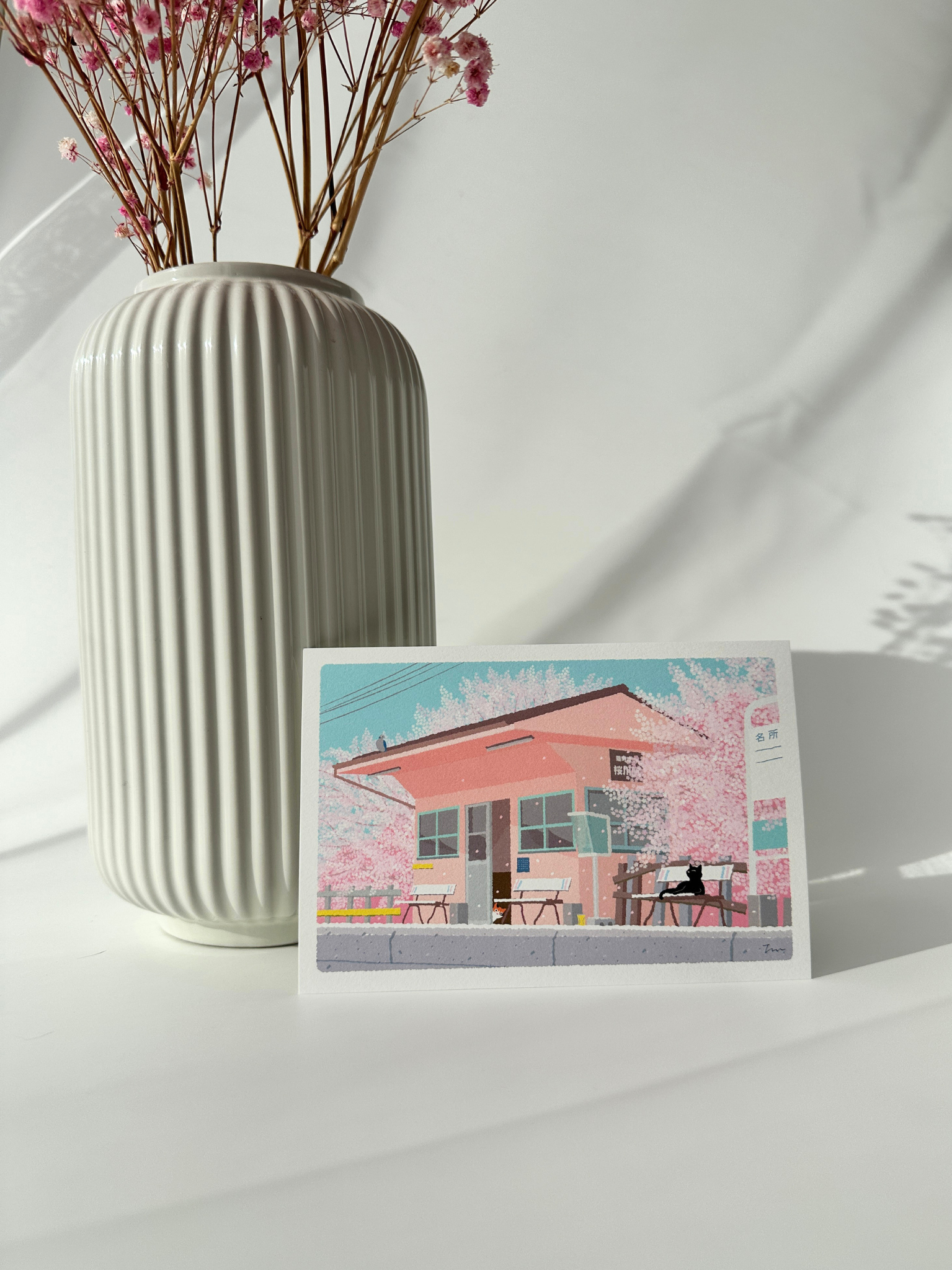 cat sakura train station pink postcard Japanese illustration cherry blossom aesthetic stationery