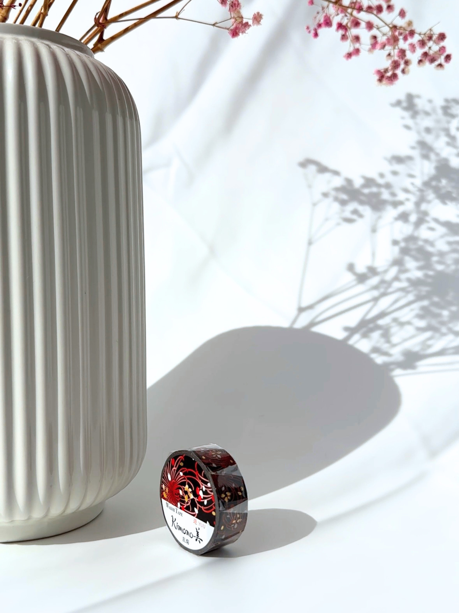 black washi decoration tape red chrysanthemum Japanese kimono pattern gold foil journaling