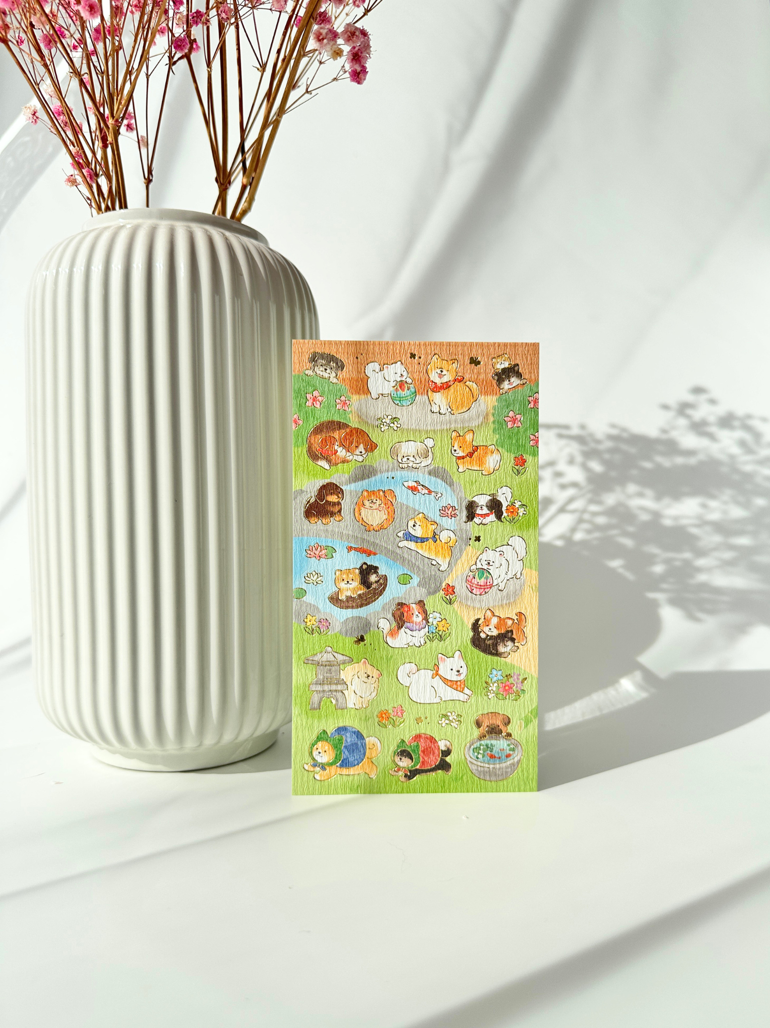 Japanese dog sticker sheet with Shiba Inu and Akita in garden gold foil washi aesthetic planner stickers kawaii stationery