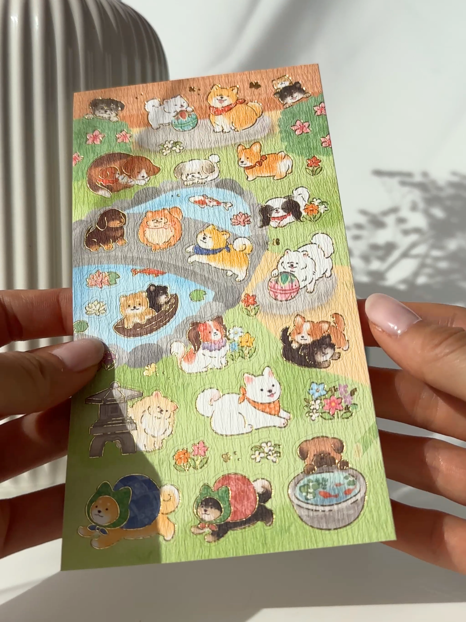 Japanese dog sticker sheet with Shiba Inu and Akita in garden gold foil washi aesthetic planner stickers