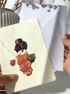 Japanese red kimono girl greeting card gold embossed traditional design with envelope aesthetic stationery print