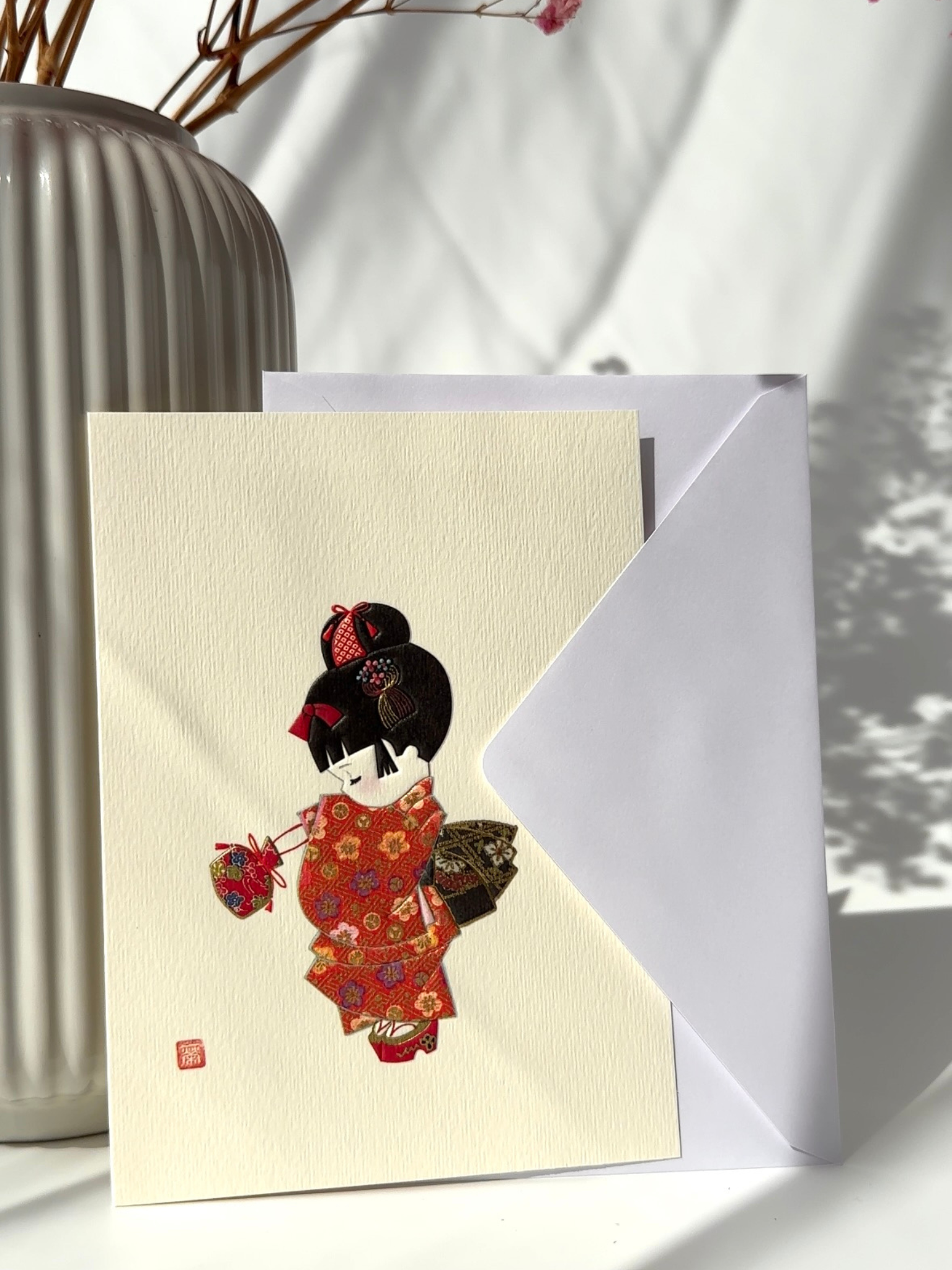 Japanese kimono girl greeting card gold embossed traditional design with envelope aesthetic stationery