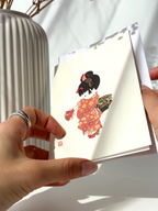 Japanese kimono girl greeting card gold embossed traditional design with envelope aesthetic stationery message letter