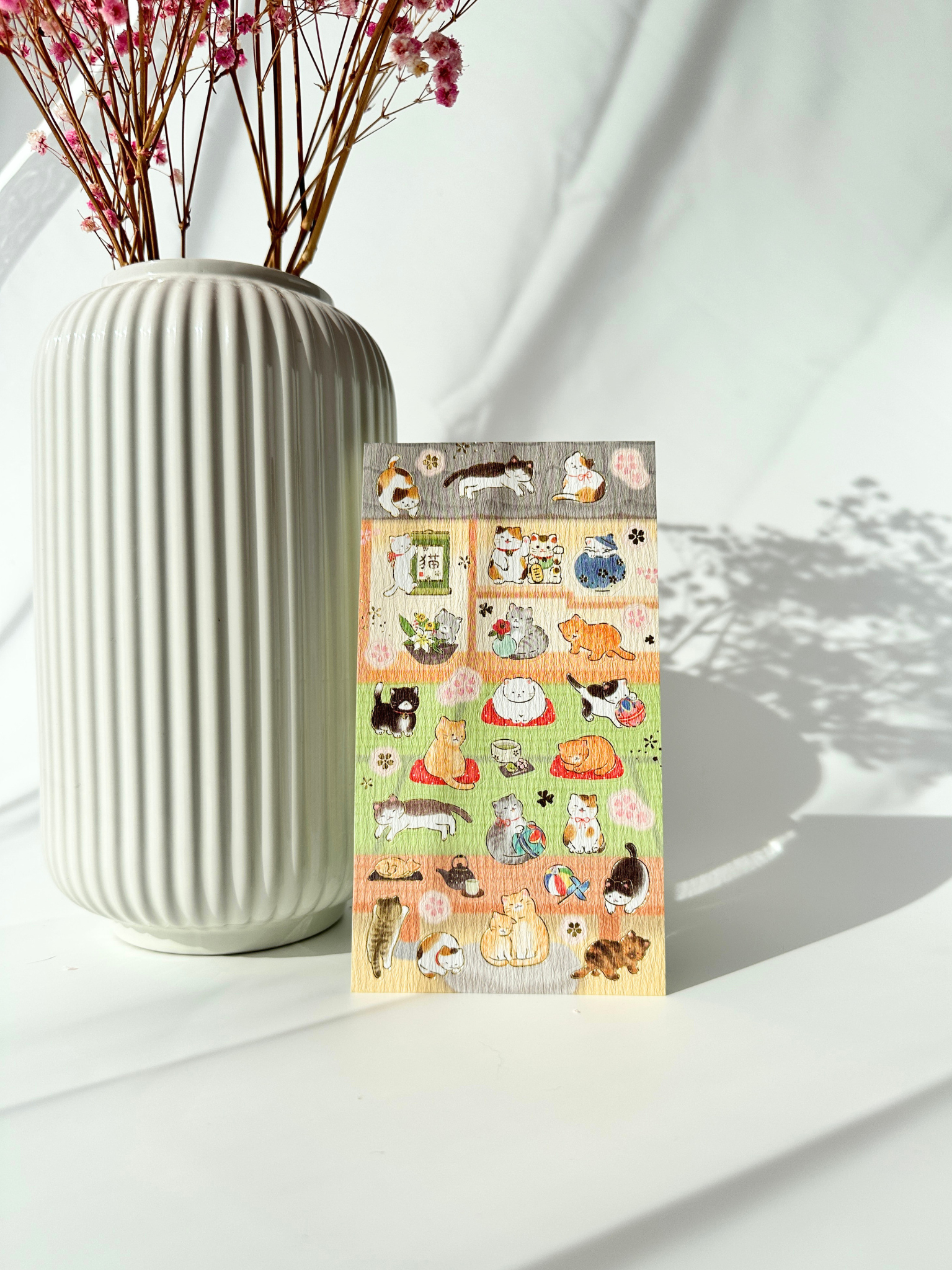 Japanese cat sticker sheet with calico and tabby cats in traditional room gold foil washi aesthetic planner stickers kawaii