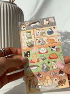 Japanese cat sticker sheet with calico and tabby cats in traditional room gold foil washi aesthetic planner stickers