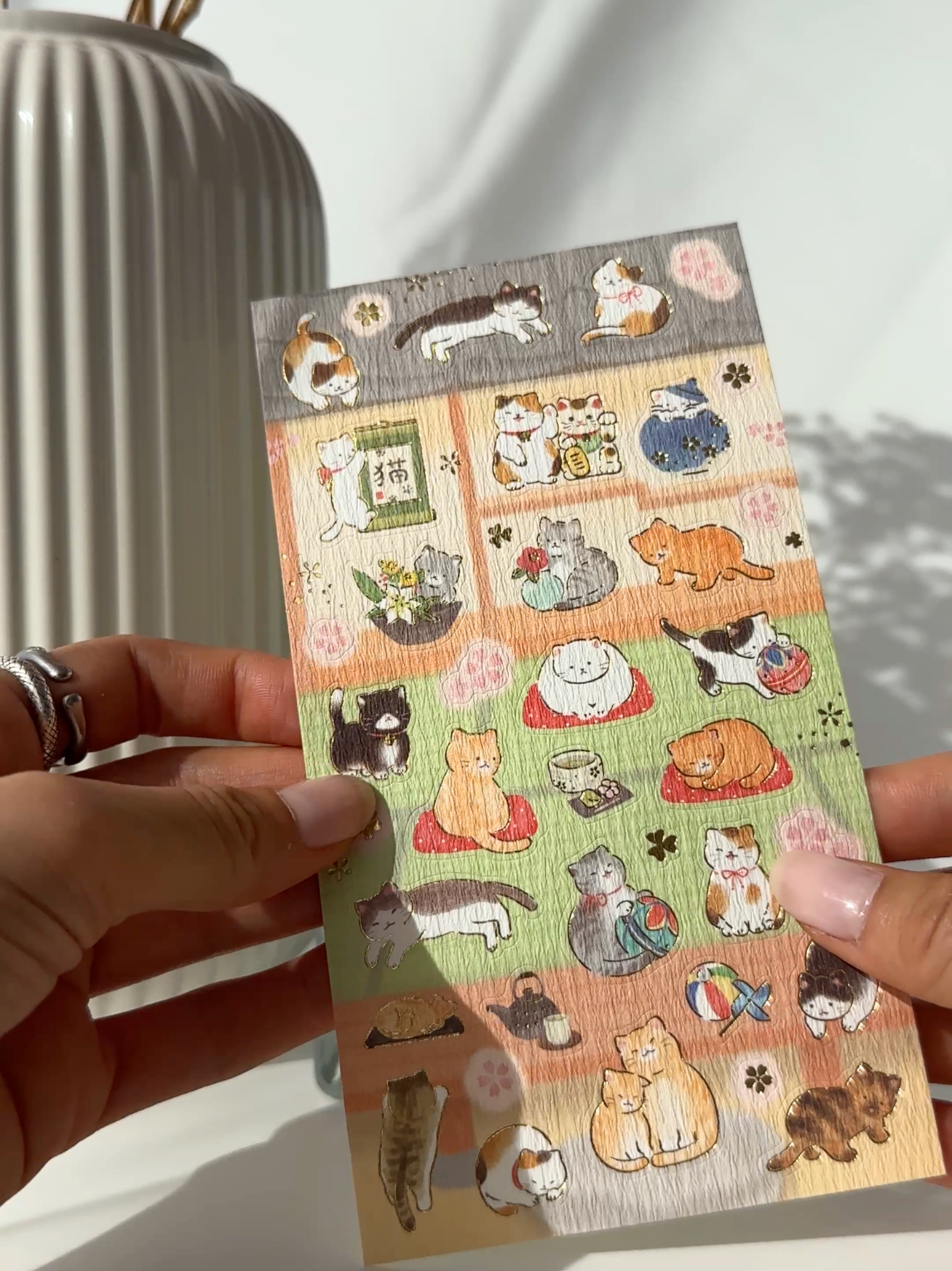 Japanese cat sticker sheet with calico and tabby cats in traditional room gold foil washi aesthetic planner stickers