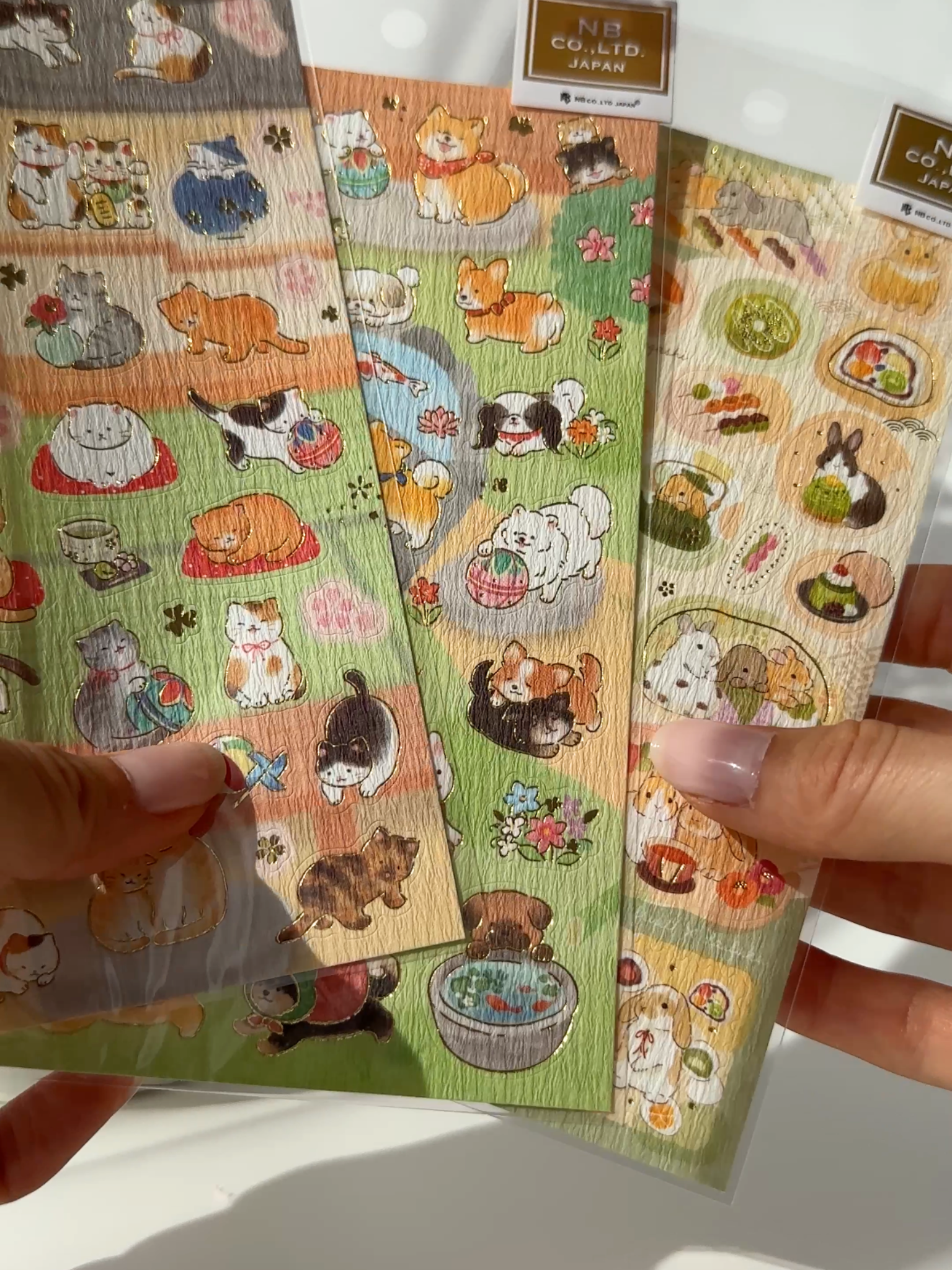 Japanese sticker sheets with gold foil washi aesthetic planner stickers cute rabbits cats dogs