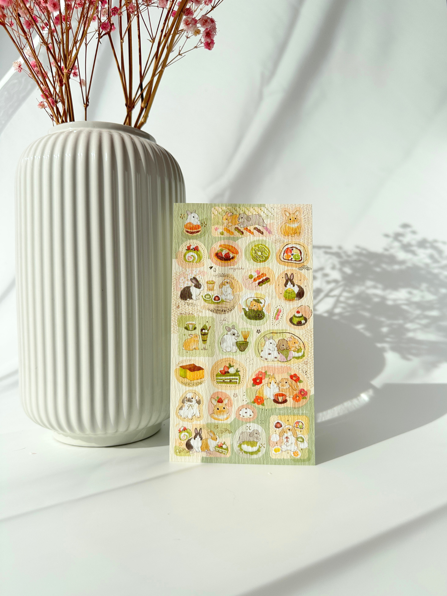 Japanese bunny sticker sheet with wagashi sweets gold foil washi aesthetic planner stickers cute rabbits