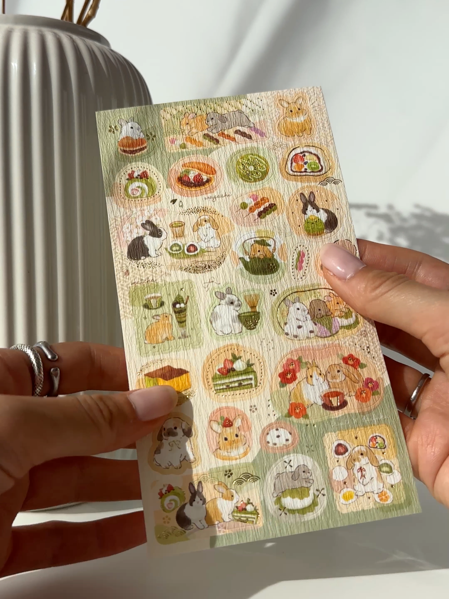 Japanese bunny sticker sheet with wagashi sweets gold foil washi aesthetic planner stickers cute rabbits