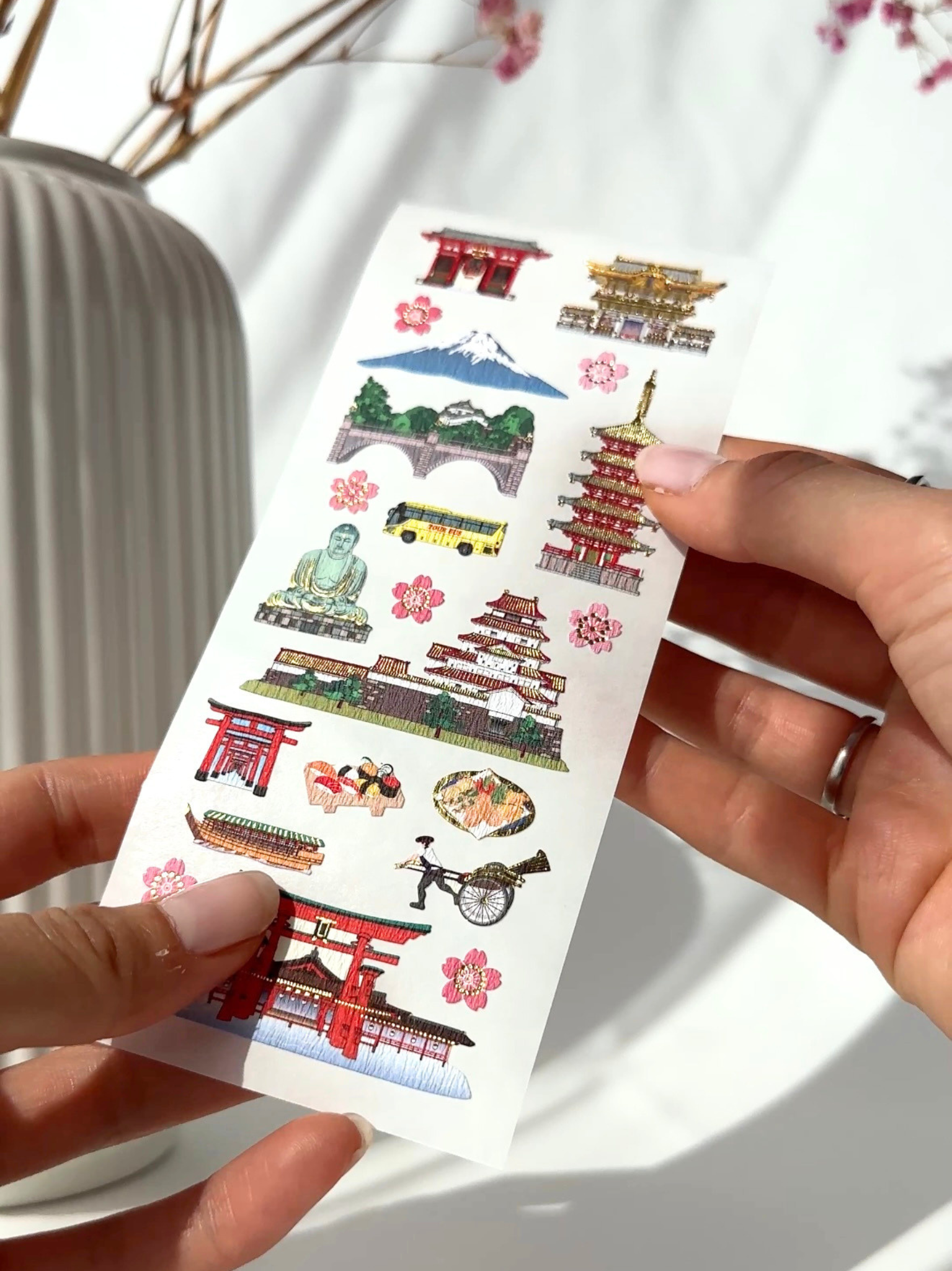 Japanese travel themed sticker sheet for journaling planners scrapbooking and Japanese stationery decoration gold foil details