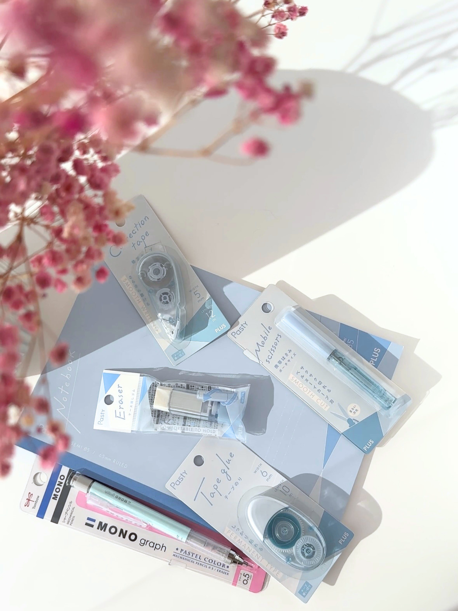 Pastel color aesthetic stationery bundle Japanese mechanical pencil eraser correction tape glue tape mini scissors notebook blue