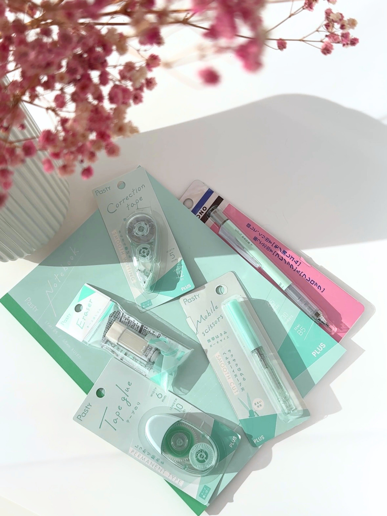 Pastel color aesthetic stationery bundle Japanese mechanical pencil eraser correction tape glue tape mini scissors notebook green