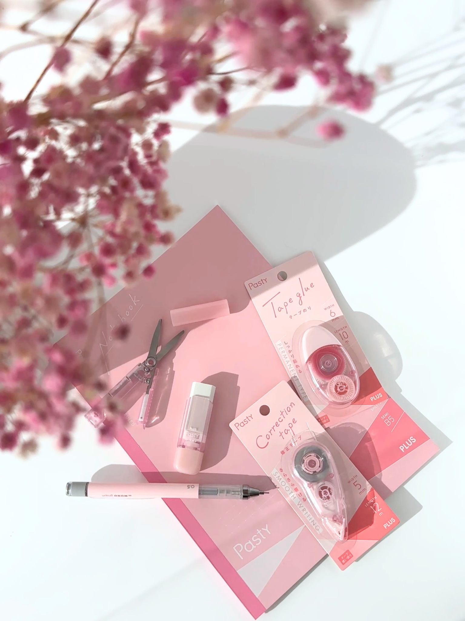 Pastel color aesthetic stationery bundle Japanese mechanical pencil eraser correction tape glue tape mini scissors notebook pink