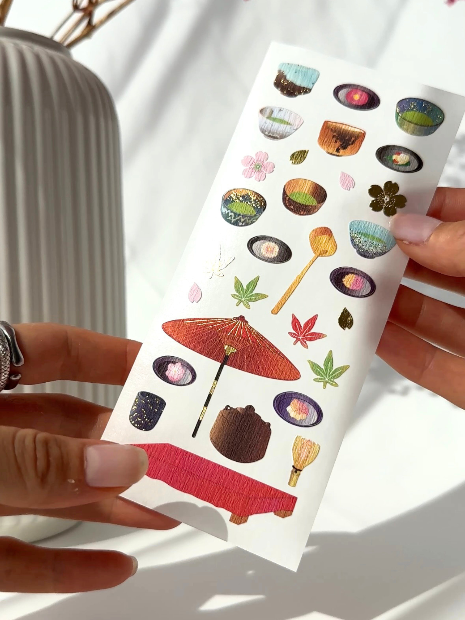 matcha tea sticker sheet Japanese washi gold foil aesthetic stickers teahouse matcha bowl Japanese sweets