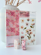 Sakura cherry blossom themed Japanese stationery cute collection hand-dyed notebook flower stickers pink eraser washi tape silver foil