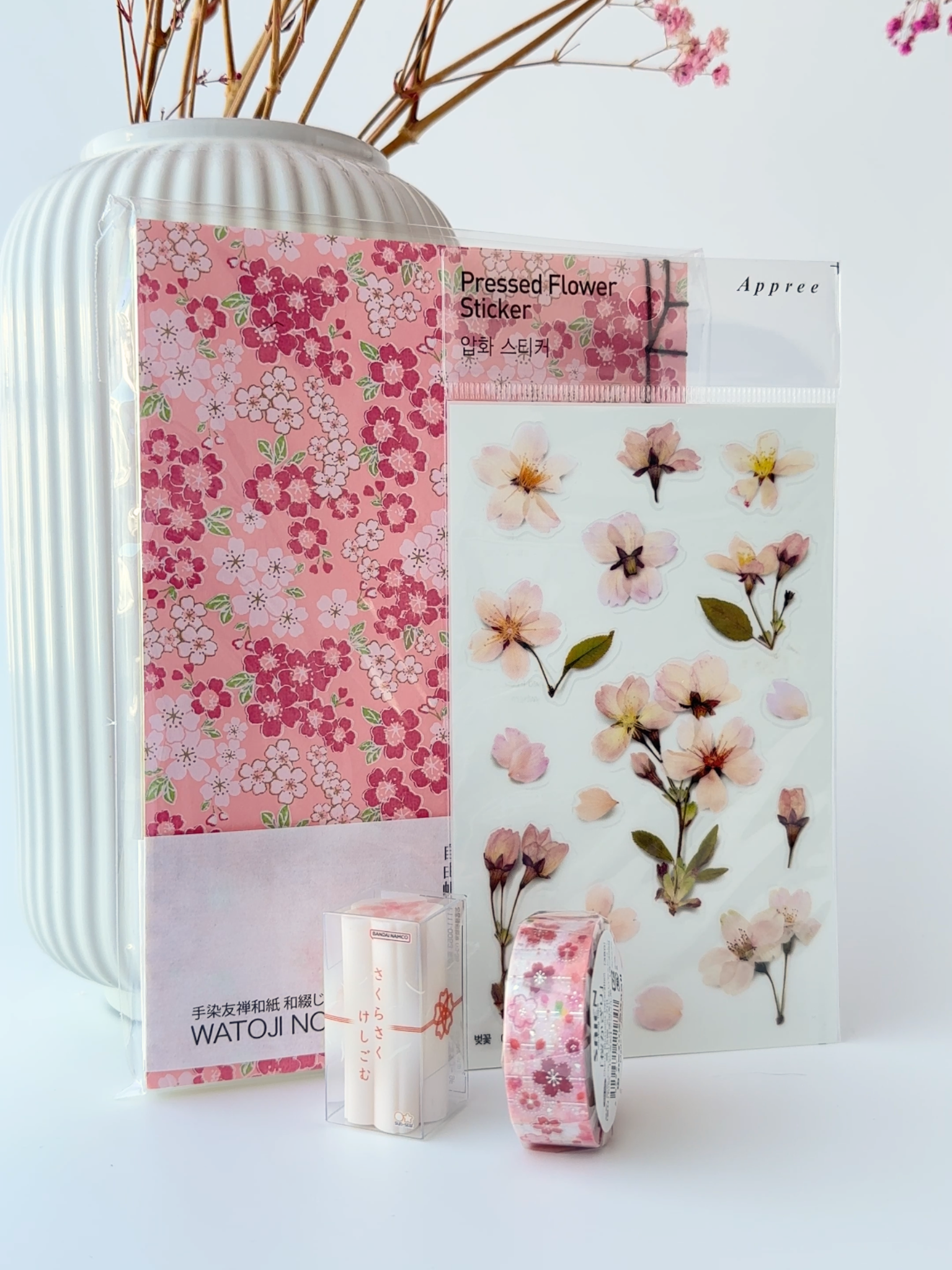 Sakura cherry blossom themed Japanese stationery cute collection hand-dyed notebook flower stickers pink eraser washi tape silver foil