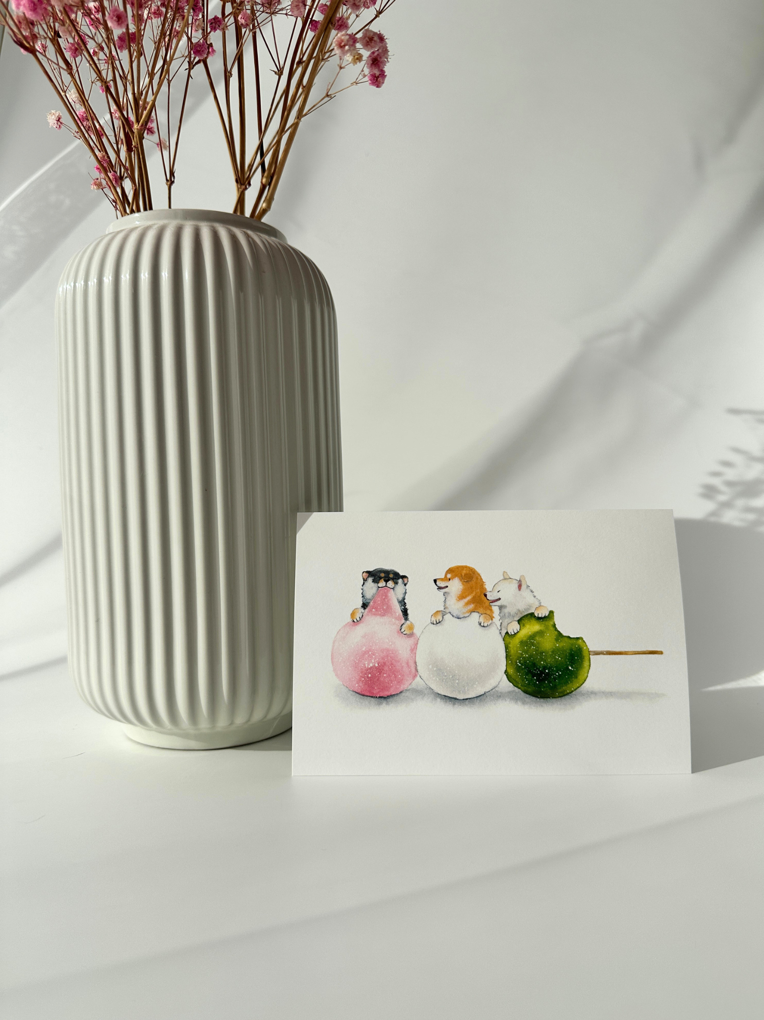 Shiba Inu postcard with tricolor dango cute Japanese illustration aesthetic stationery